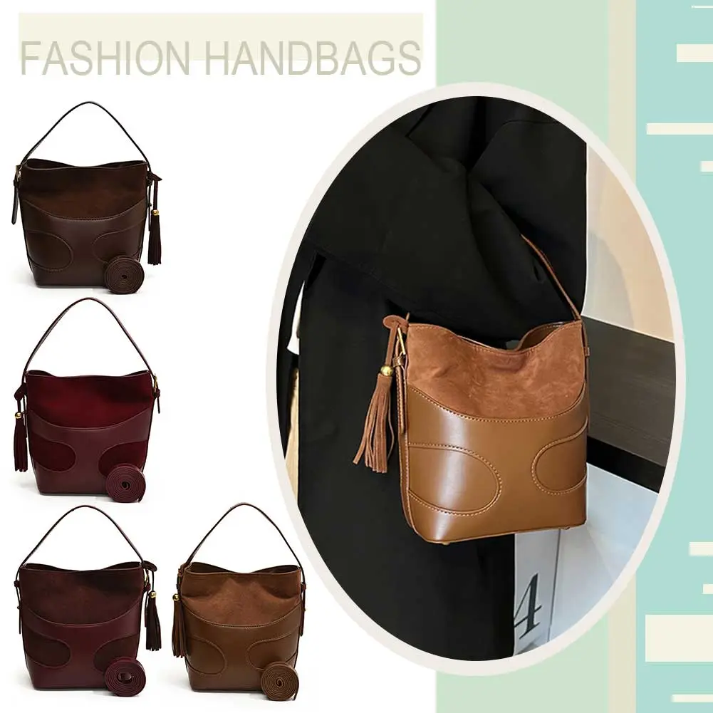 Women Faux Suede Bucket Bag Fashion Tote Bag Solid Color Simple Messenger Bag Adjustable Strap Vintage Sling Bag Chic Hobo Bag