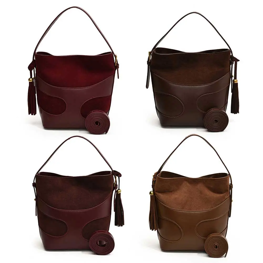 Women Faux Suede Bucket Bag Fashion Tote Bag Solid Color Simple Messenger Bag Adjustable Strap Vintage Sling Bag Chic Hobo Bag
