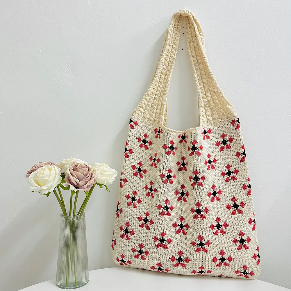 Crochet Tote Bag Mesh Knitted Bag Large Shoulder Bag Aesthetic Knit Bag Hollow Hobo Bag for Women Work Shopping Travel