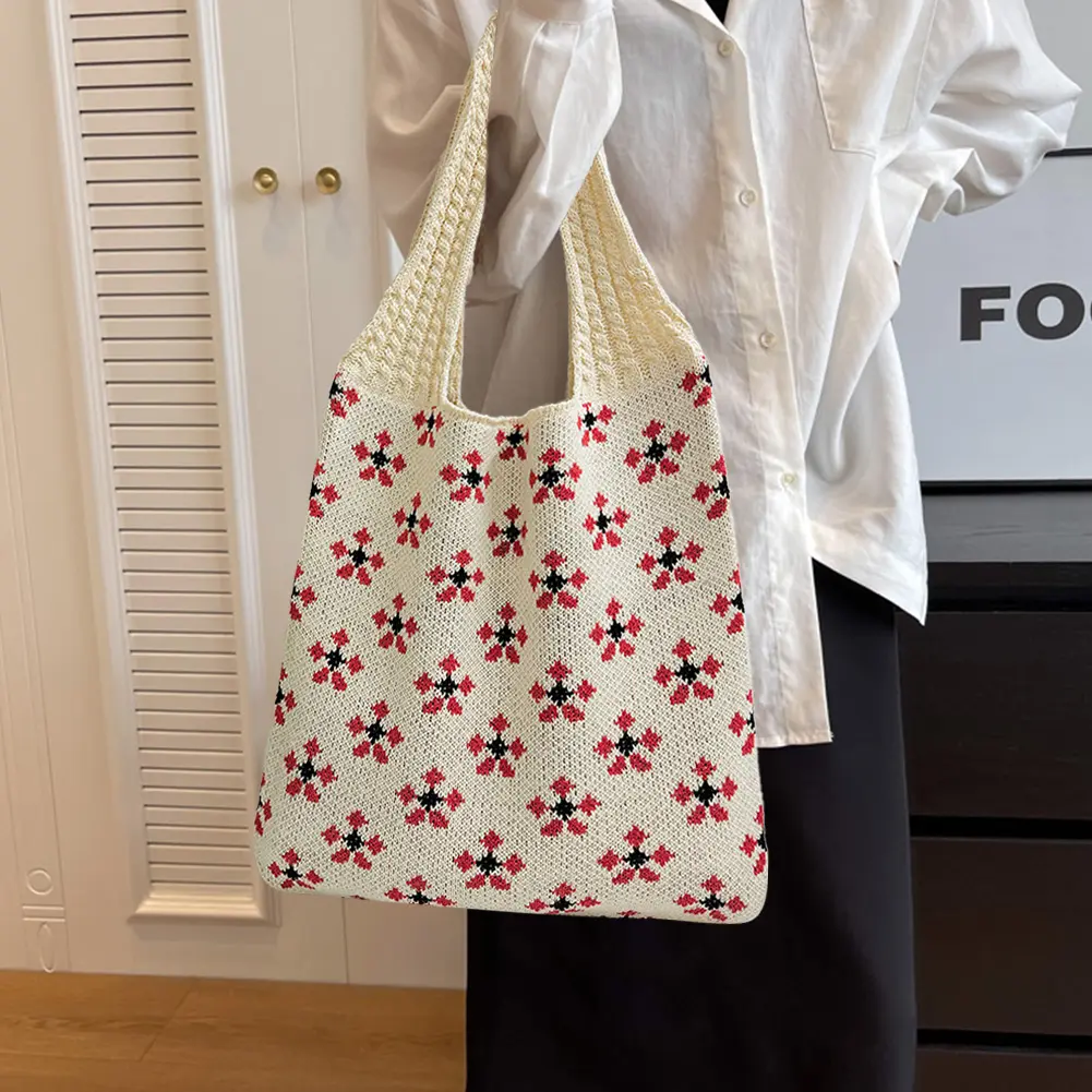 Crochet Tote Bag Mesh Knitted Bag Large Shoulder Bag Aesthetic Knit Bag Hollow Hobo Bag for Women Work Shopping Travel
