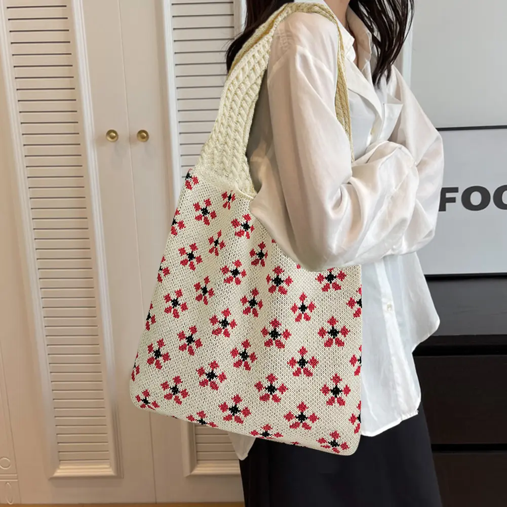 Crochet Tote Bag Mesh Knitted Bag Large Shoulder Bag Aesthetic Knit Bag Hollow Hobo Bag for Women Work Shopping Travel