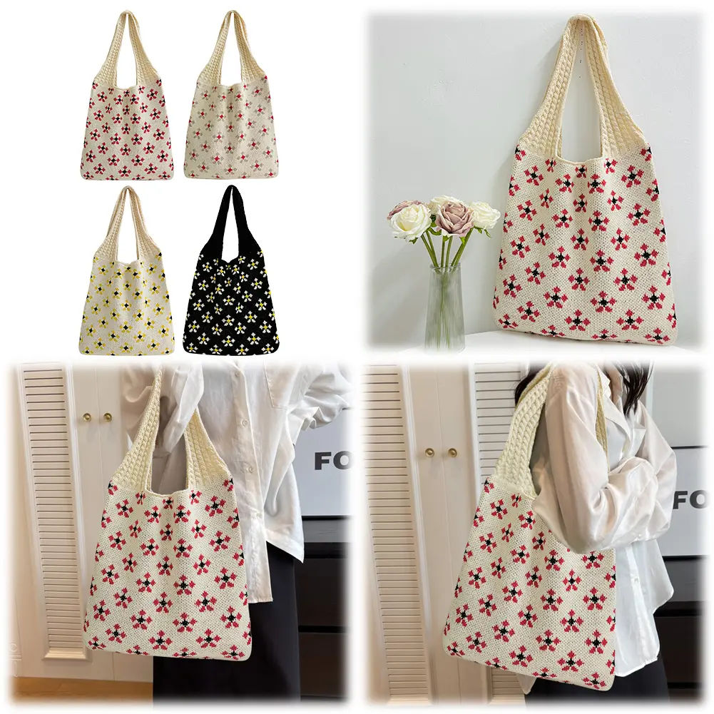Crochet Tote Bag Mesh Knitted Bag Large Shoulder Bag Aesthetic Knit Bag Hollow Hobo Bag for Women Work Shopping Travel