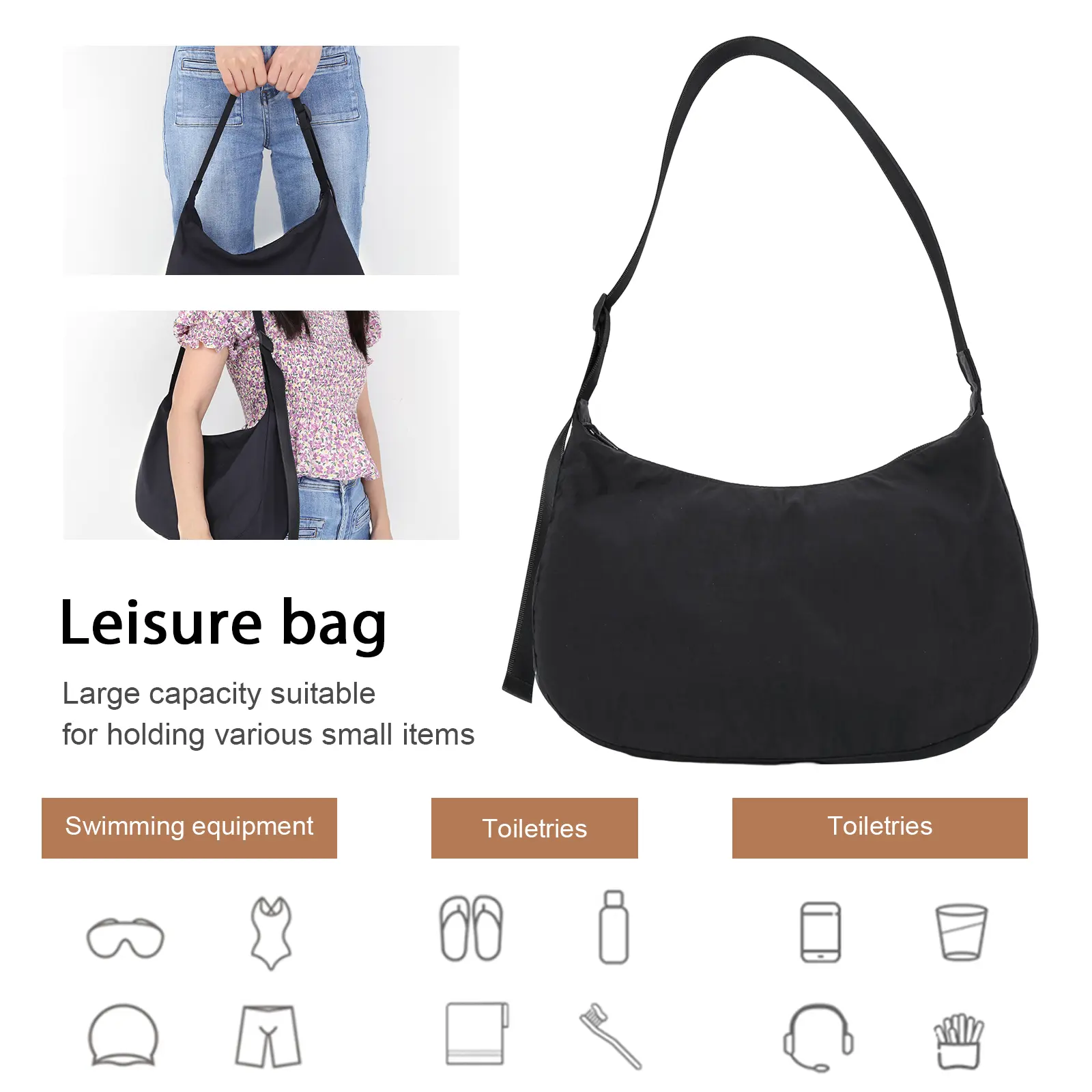 Women Nylon Shoulder Bag Zipper Crescent Bag Fashion Top Handle Bag Satchel Hobo Bag Girl Stylish Purse