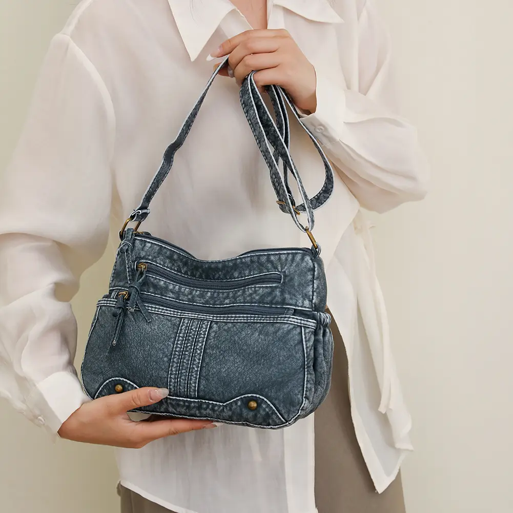 Women Messenger Bag Large Capacity Crossbody PU Bag Adjustable Strap Zipper Vintage Multi-Pockets Retro Sling Bag