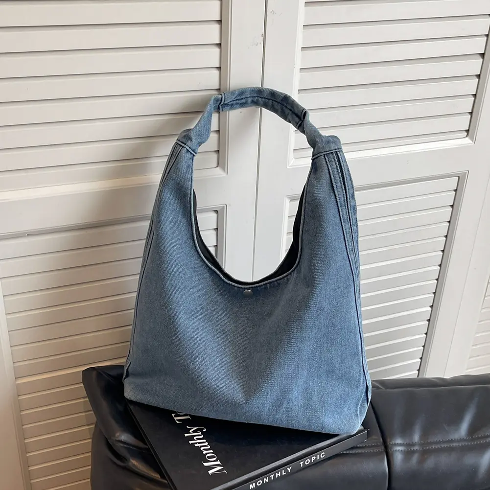 Women Vintage Shoulder Bag Large Capacity Denim Retro Tote Bag Solid Color Simple Hobo Bag Female Daily Commute Bag