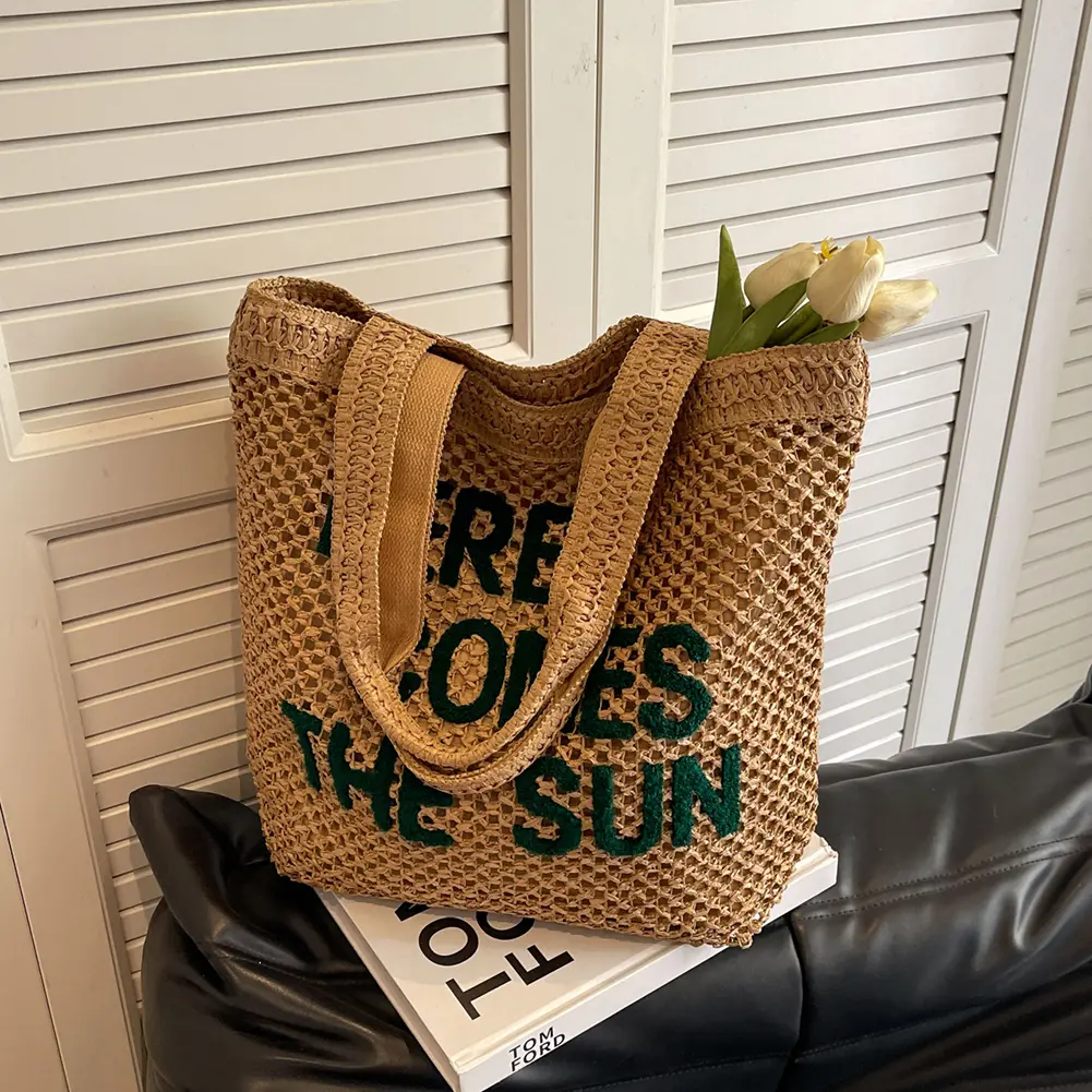 Women Straw Shoulder Bag Large Capacity Hollow Out Handbag Versatile Crochet Travel Bag Summer Beach Purse