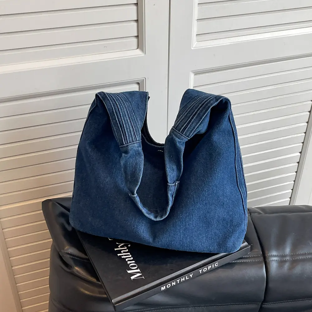 Women Vintage Shoulder Bag Large Capacity Denim Retro Tote Bag Solid Color Simple Hobo Bag Female Daily Commute Bag