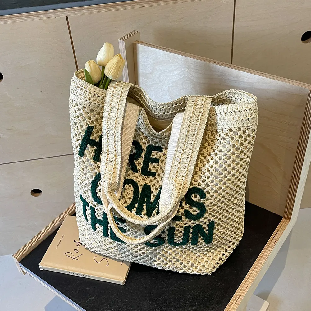 Women Straw Shoulder Bag Large Capacity Hollow Out Handbag Versatile Crochet Travel Bag Summer Beach Purse