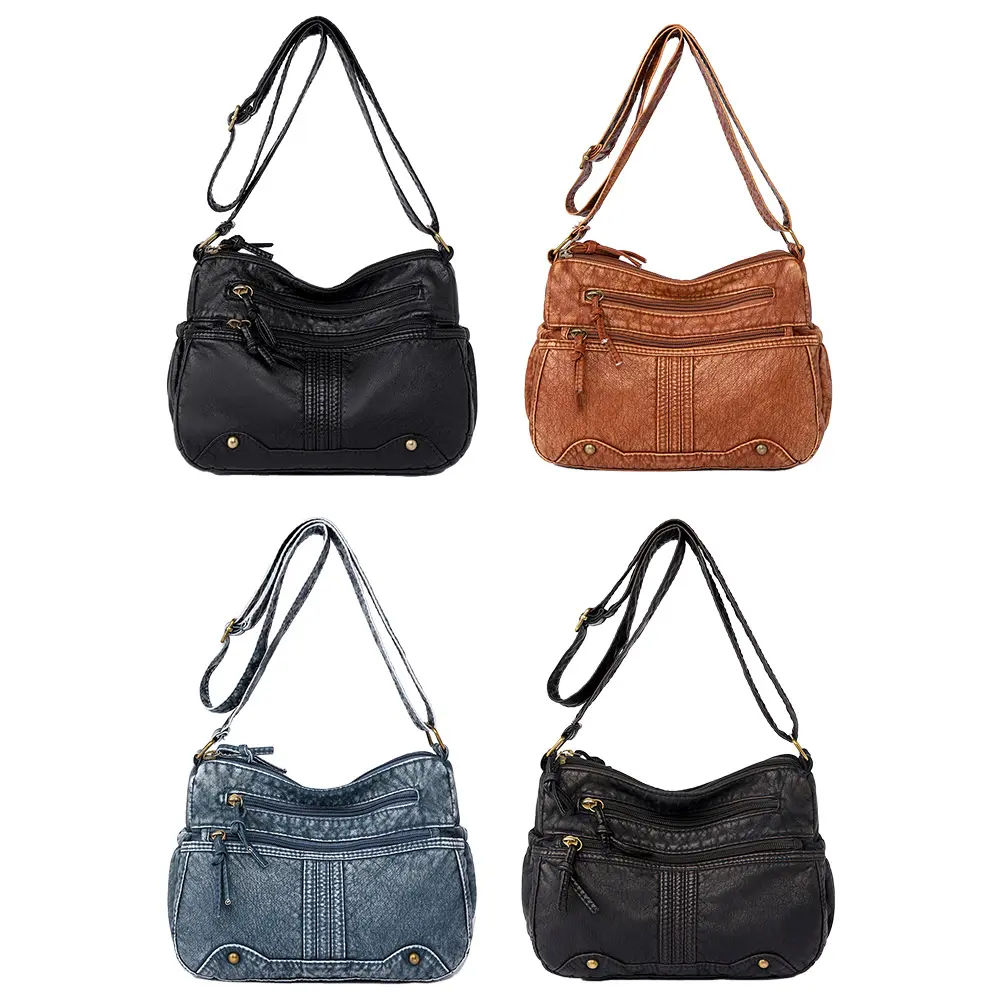 Women Messenger Bag Large Capacity Crossbody PU Bag Adjustable Strap Zipper Vintage Multi-Pockets Retro Sling Bag