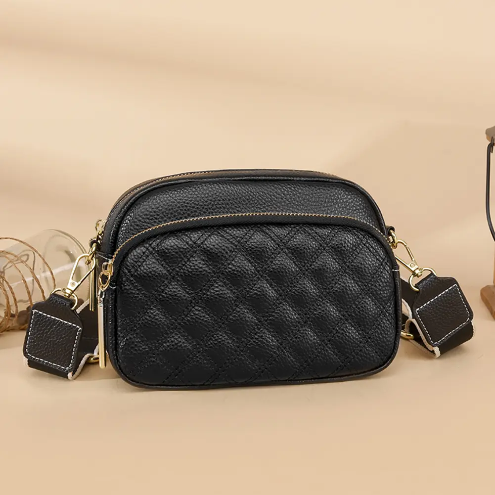 Fashion Shoulder Crossbody Bag Multi-layer Pocket Cowhide Leather Messenger Handbag Zipper Rhombus Pattern Solid Female Satchel