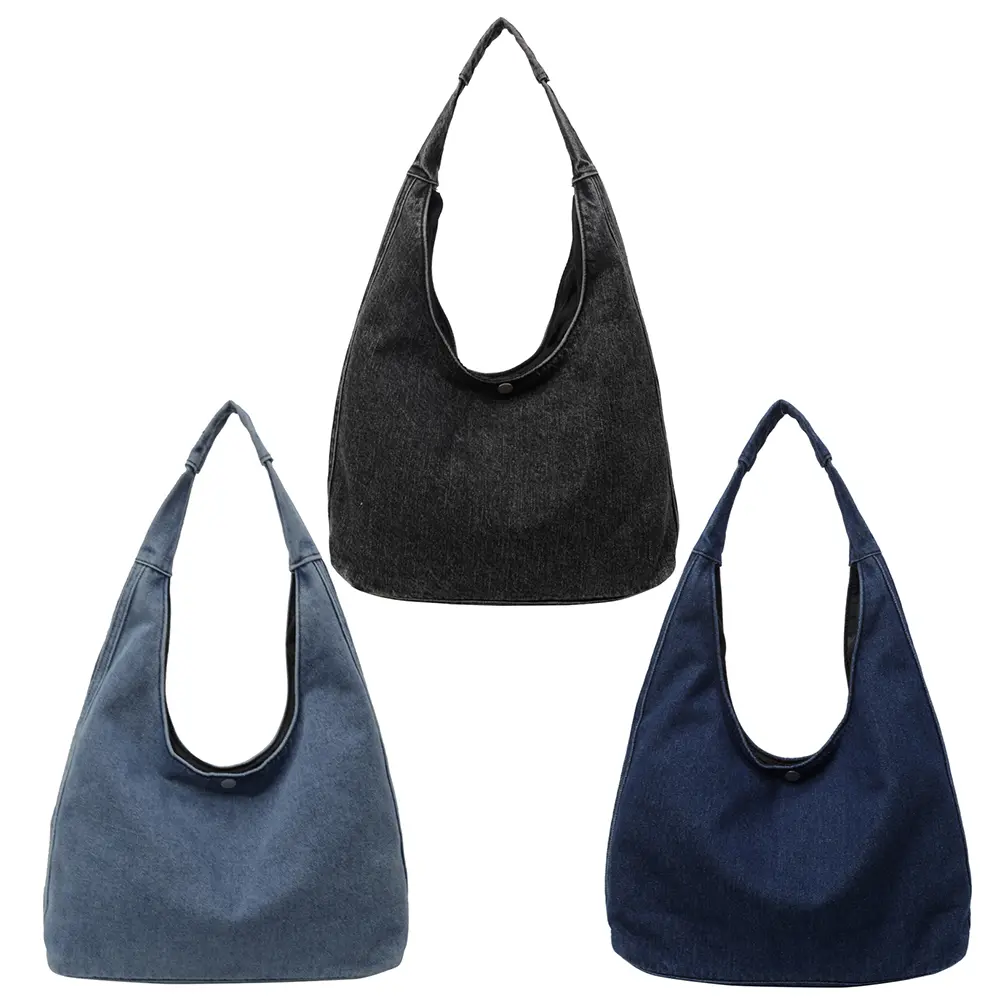 Women Vintage Shoulder Bag Large Capacity Denim Retro Tote Bag Solid Color Simple Hobo Bag Female Daily Commute Bag