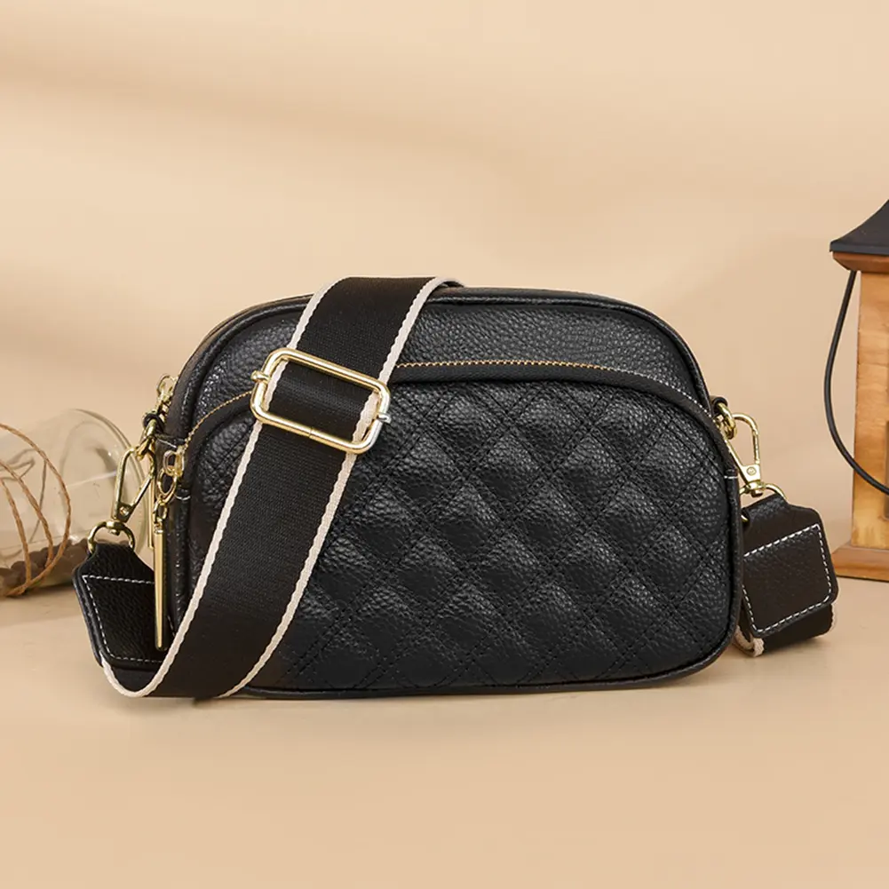 Fashion Shoulder Crossbody Bag Multi-layer Pocket Cowhide Leather Messenger Handbag Zipper Rhombus Pattern Solid Female Satchel