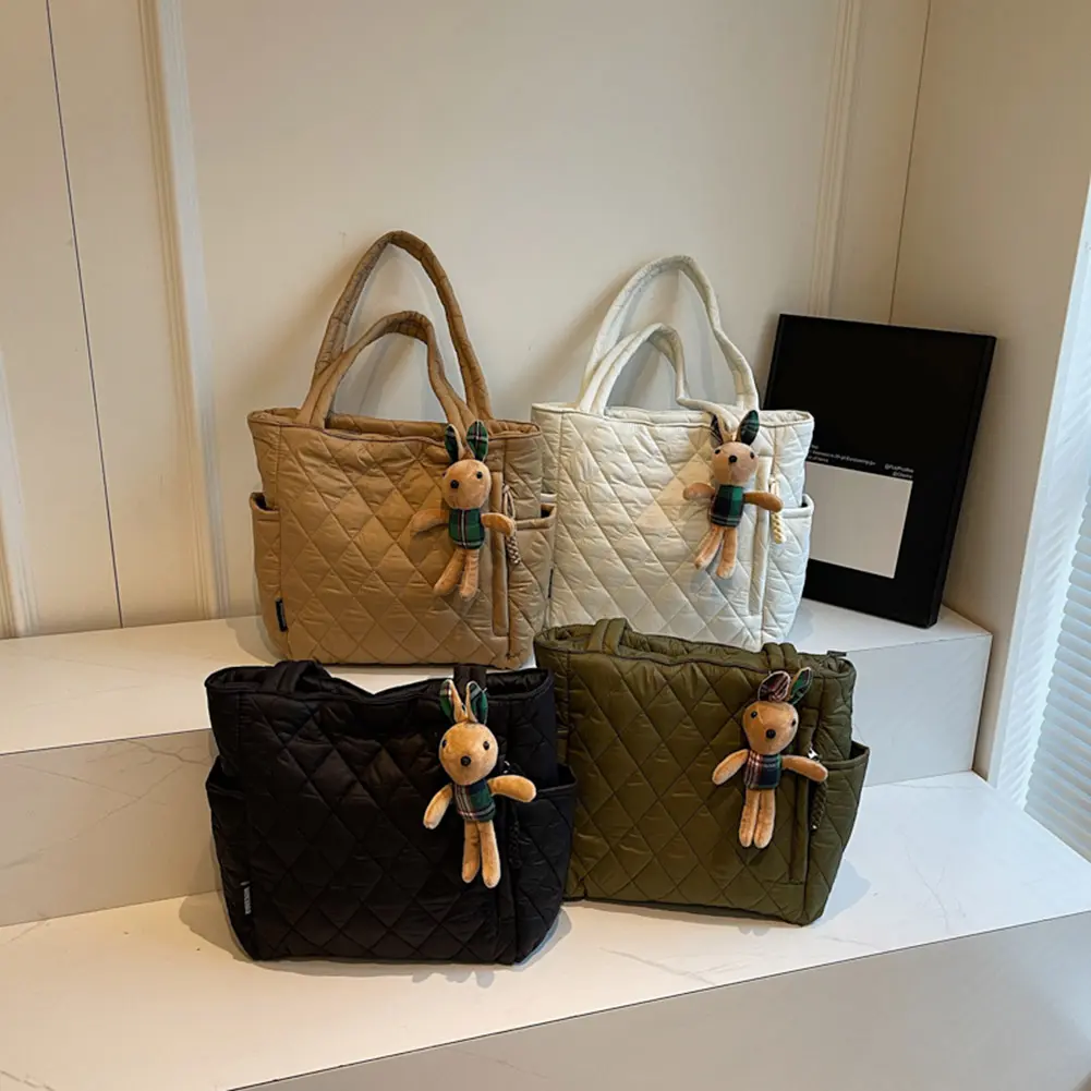 Women Quilted Trendy Carrying Bag Large Capacity Fashion Shoulder Bag with Cute Pendants Stylish Commuting Bag for Autumn Winter