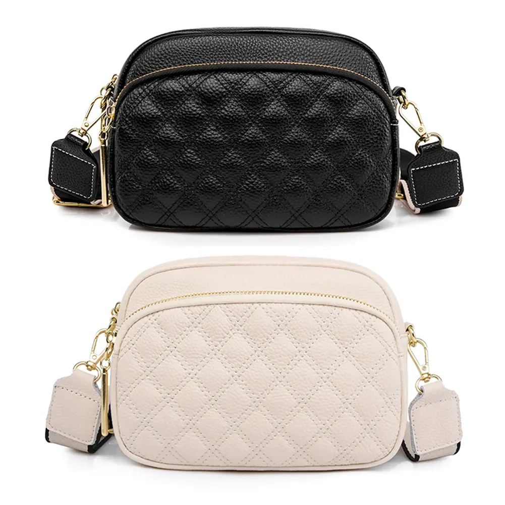 Fashion Shoulder Crossbody Bag Multi-layer Pocket Cowhide Leather Messenger Handbag Zipper Rhombus Pattern Solid Female Satchel