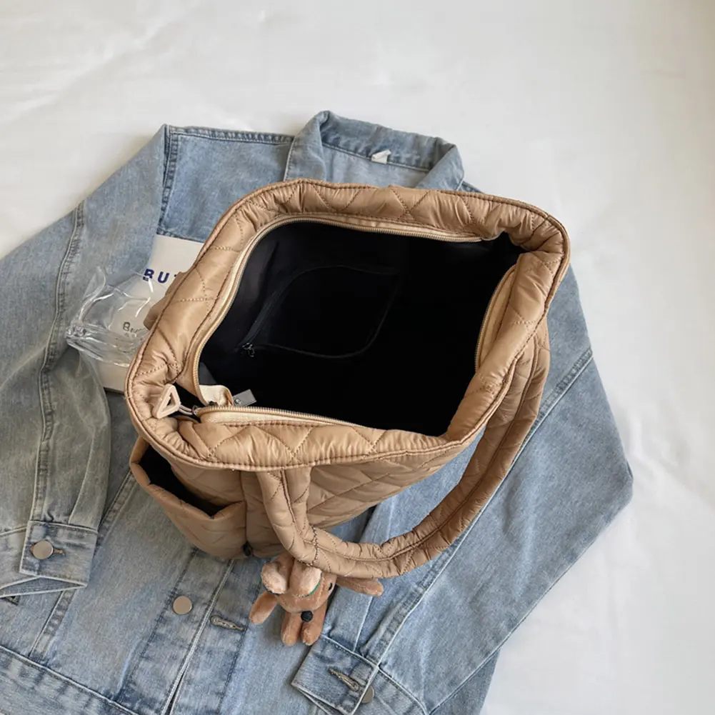 Women Quilted Trendy Carrying Bag Large Capacity Fashion Shoulder Bag with Cute Pendants Stylish Commuting Bag for Autumn Winter