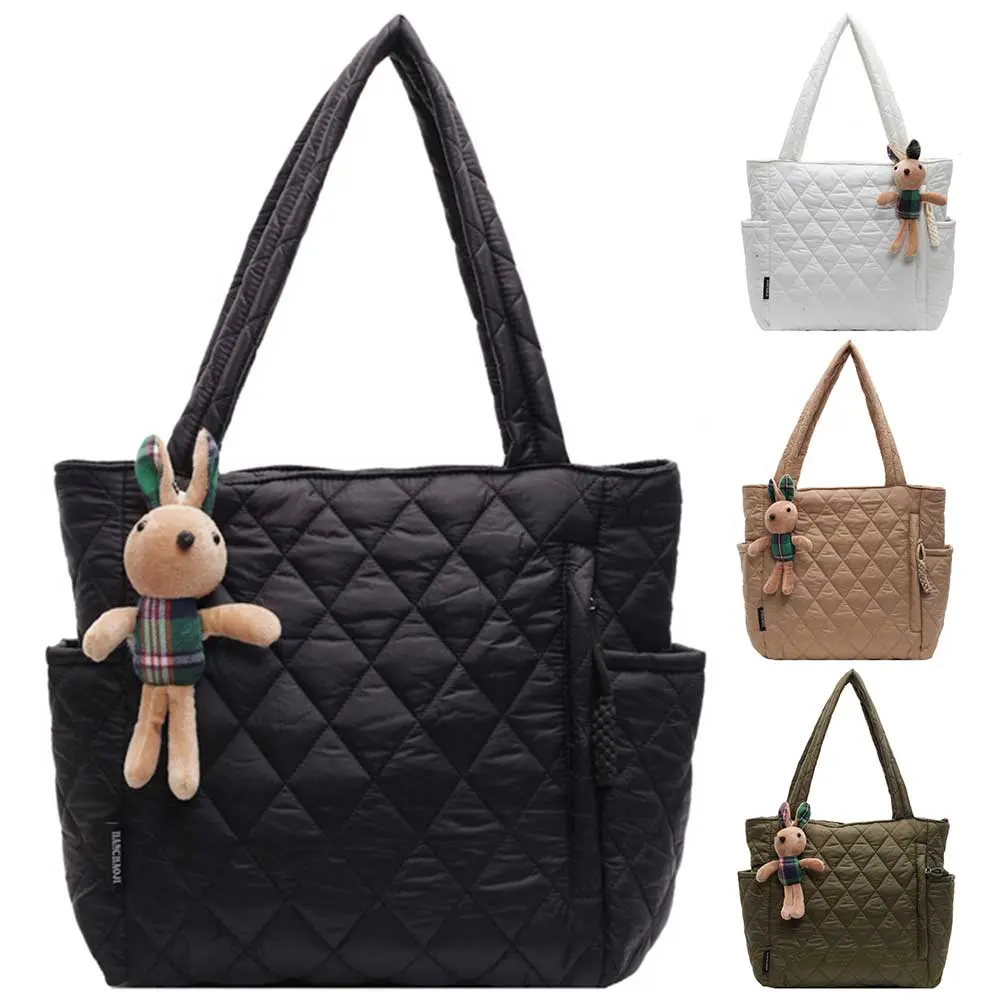Women Quilted Trendy Carrying Bag Large Capacity Fashion Shoulder Bag with Cute Pendants Stylish Commuting Bag for Autumn Winter