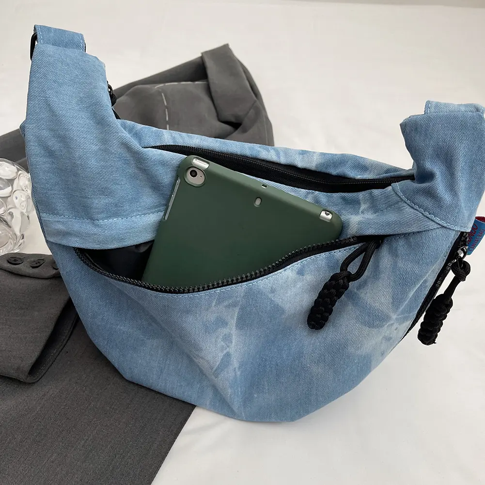 Women Canvas Stylish Dumpling Bag Multi-pockets Hobo Sling Bag Large Capacity Half Moon Bag Adjustable Strap Simple Satchel Bag