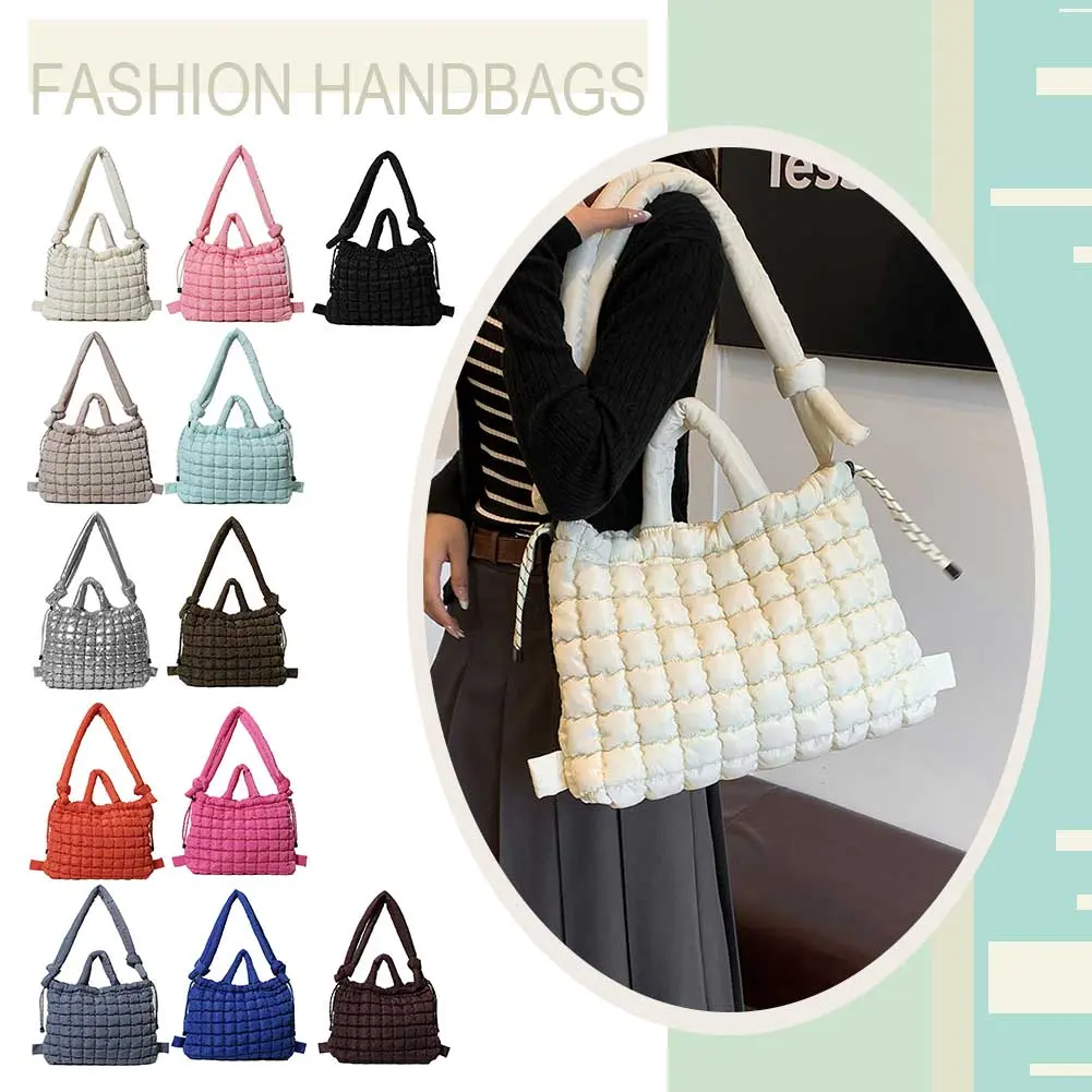 Puffer Tote Bag for Women Quilted Puffy Handbag Adjustable Strap Crossbody Bag Multi-Pockets Satchel Purse for Work Travel