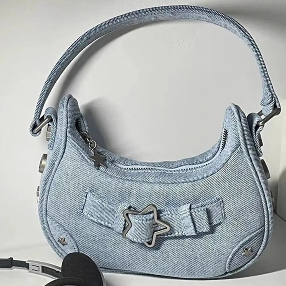 Casual Handbag Women Vintage Y2K Top-Handle Bag Zipper Star Decor Solid Color Gift for Girls Ladies Purse Tote Bag