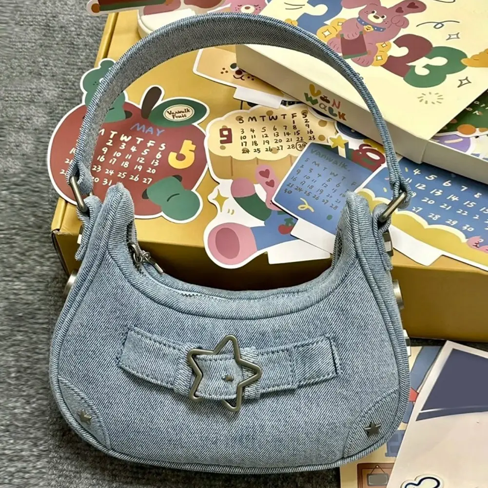 Casual Handbag Women Vintage Y2K Top-Handle Bag Zipper Star Decor Solid Color Gift for Girls Ladies Purse Tote Bag