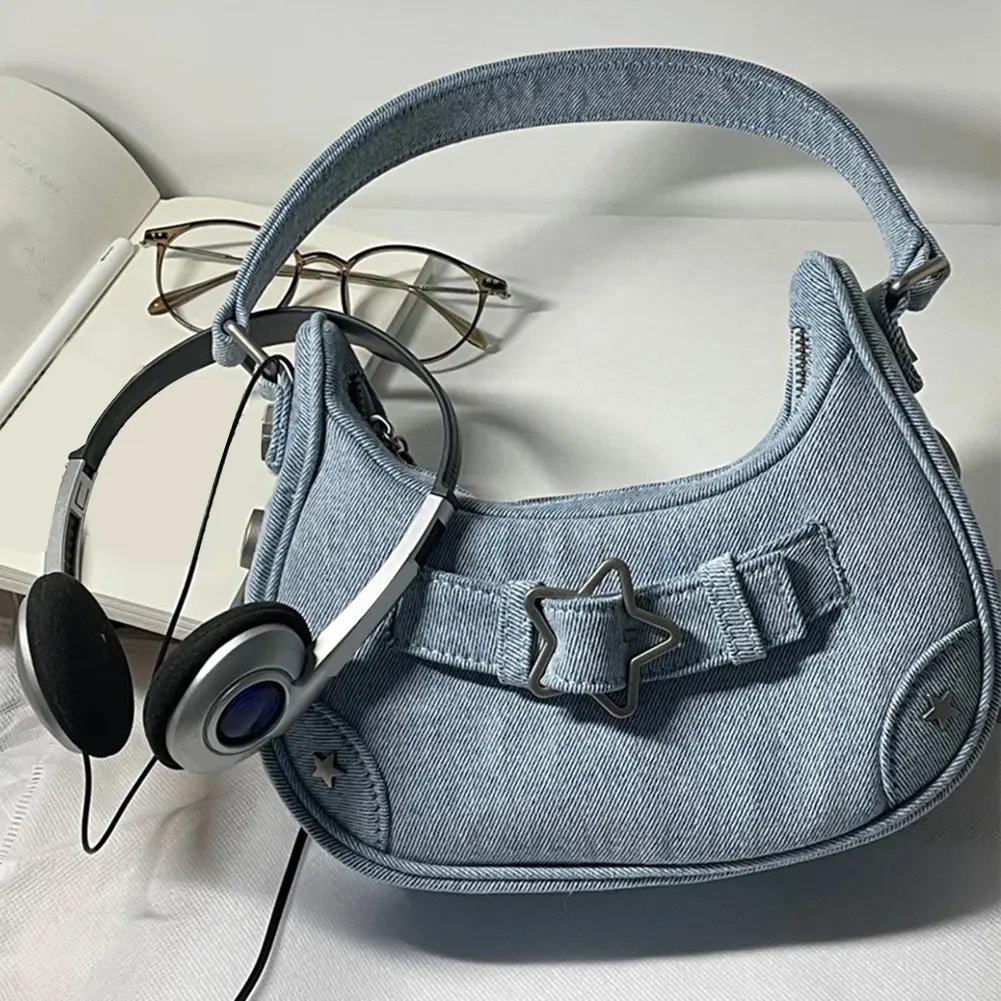 Casual Handbag Women Vintage Y2K Top-Handle Bag Zipper Star Decor Solid Color Gift for Girls Ladies Purse Tote Bag