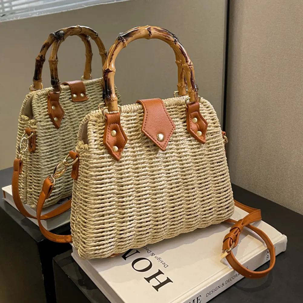Summer Hand-Woven Handbags Bamboo Handle Ladies Woven Tote Handmade Casual Fashion Portable Adjustable Strap for Seaside Holiday