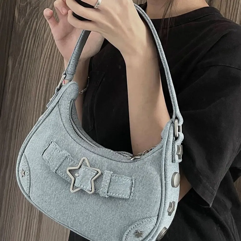 Casual Handbag Women Vintage Y2K Top-Handle Bag Zipper Star Decor Solid Color Gift for Girls Ladies Purse Tote Bag