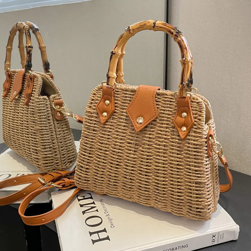 Summer Hand-Woven Handbags Bamboo Handle Ladies Woven Tote Handmade Casual Fashion Portable Adjustable Strap for Seaside Holiday