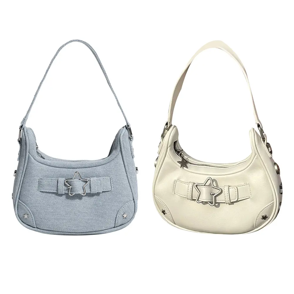 Casual Handbag Women Vintage Y2K Top-Handle Bag Zipper Star Decor Solid Color Gift for Girls Ladies Purse Tote Bag