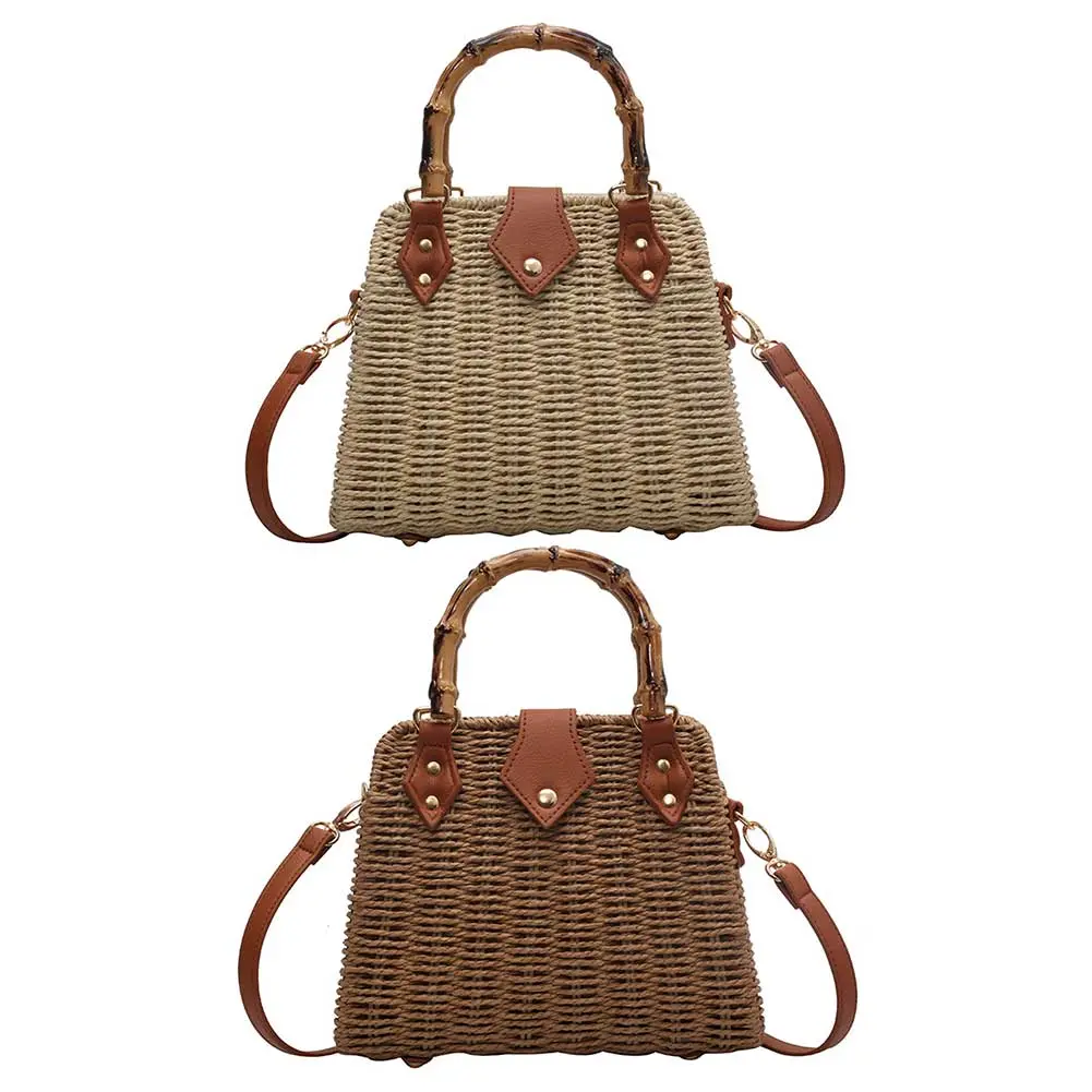 Summer Hand-Woven Handbags Bamboo Handle Ladies Woven Tote Handmade Casual Fashion Portable Adjustable Strap for Seaside Holiday