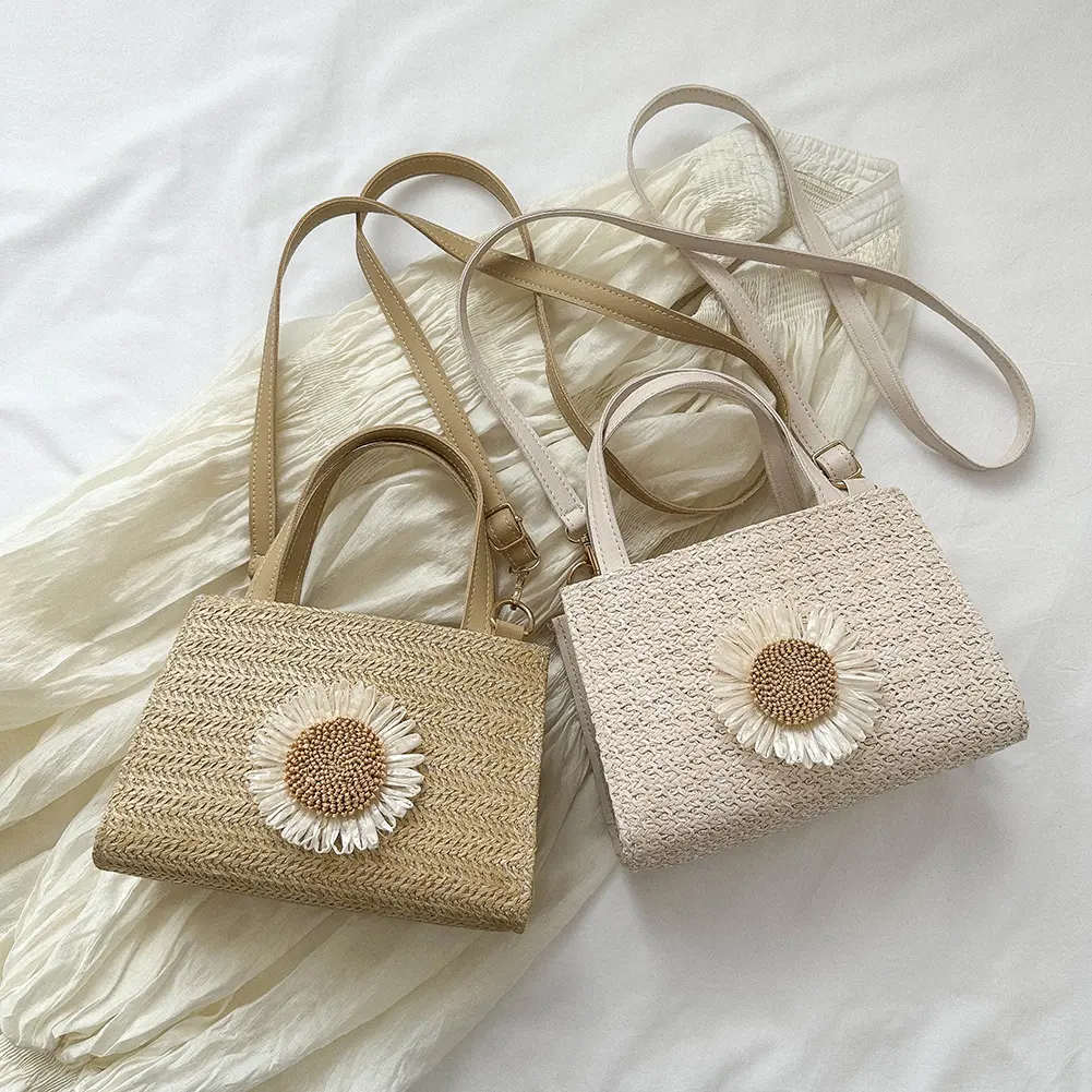 Sun Flower Straw Bag Handbag Adjustable Strap Summer Beach Bag for Daily Life Leisure