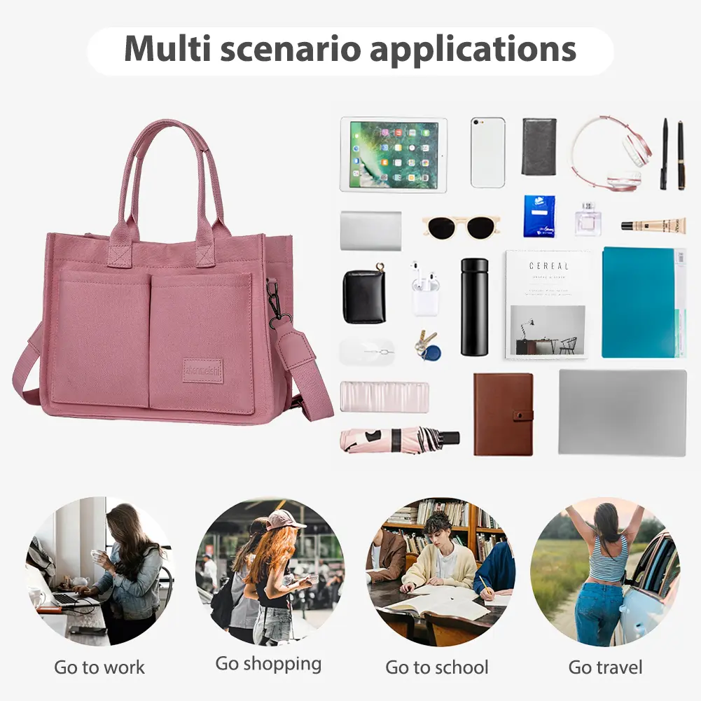 Women Fashion Shoulder Bag Large Capacity Canvas Simple Shopping Bag Adjustable Strap Multi Pockets Casual Satchel Bag