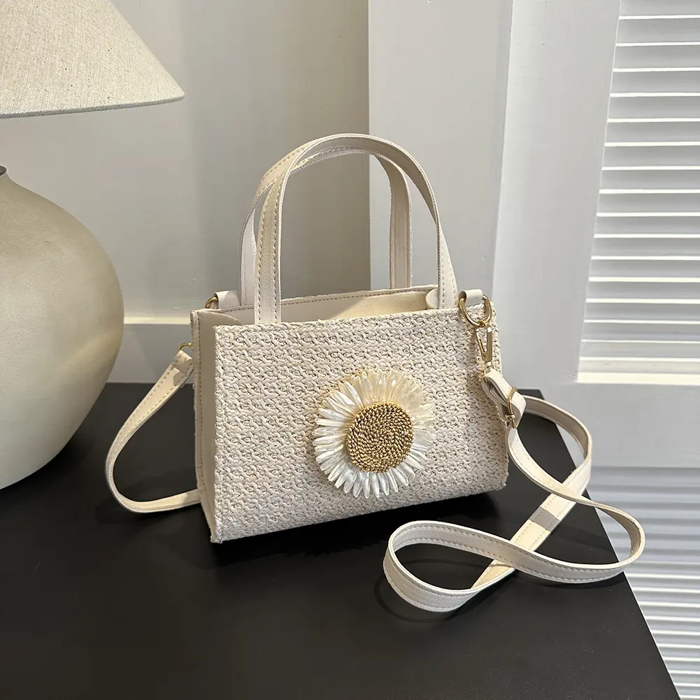 Sun Flower Straw Bag Handbag Adjustable Strap Summer Beach Bag for Daily Life Leisure