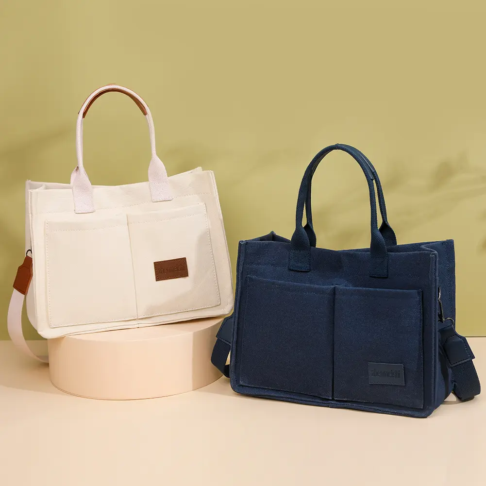 Women Fashion Shoulder Bag Large Capacity Canvas Simple Shopping Bag Adjustable Strap Multi Pockets Casual Satchel Bag