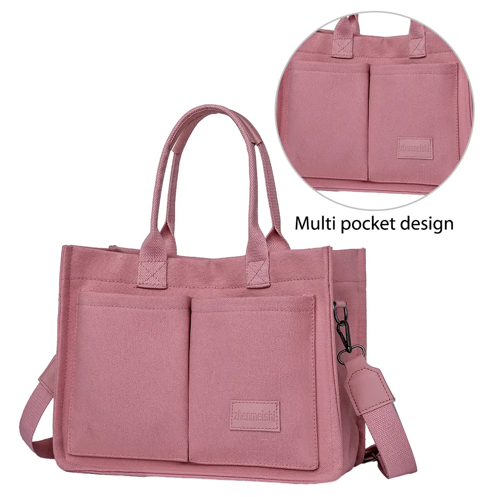 Women Fashion Shoulder Bag Large Capacity Canvas Simple Shopping Bag Adjustable Strap Multi Pockets Casual Satchel Bag