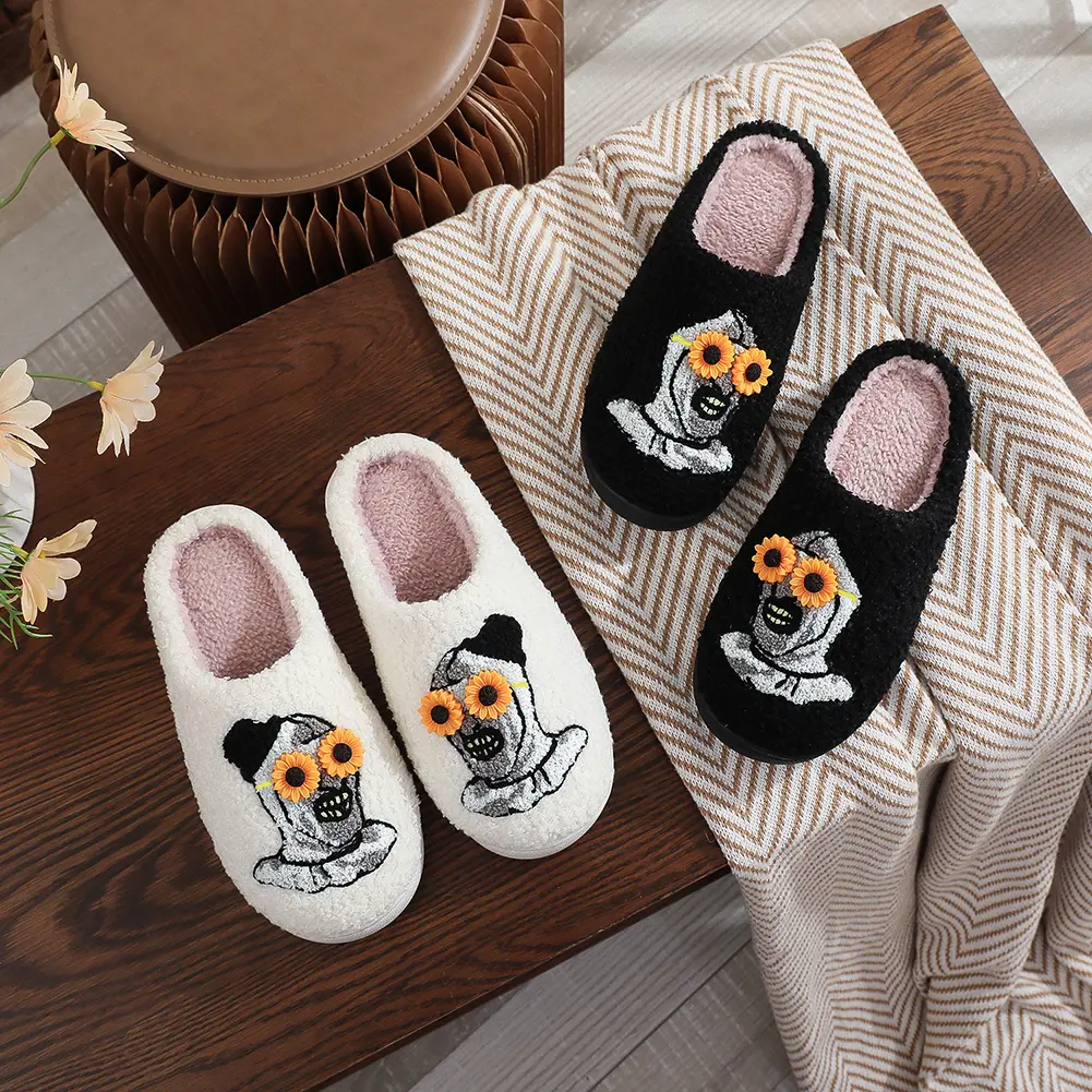 Halloween Plush Slippers Flat Thermal Slippers Anti Slip Furry Clown Slippers Sunflower Glass Clown Slides for Indoor Bedroom