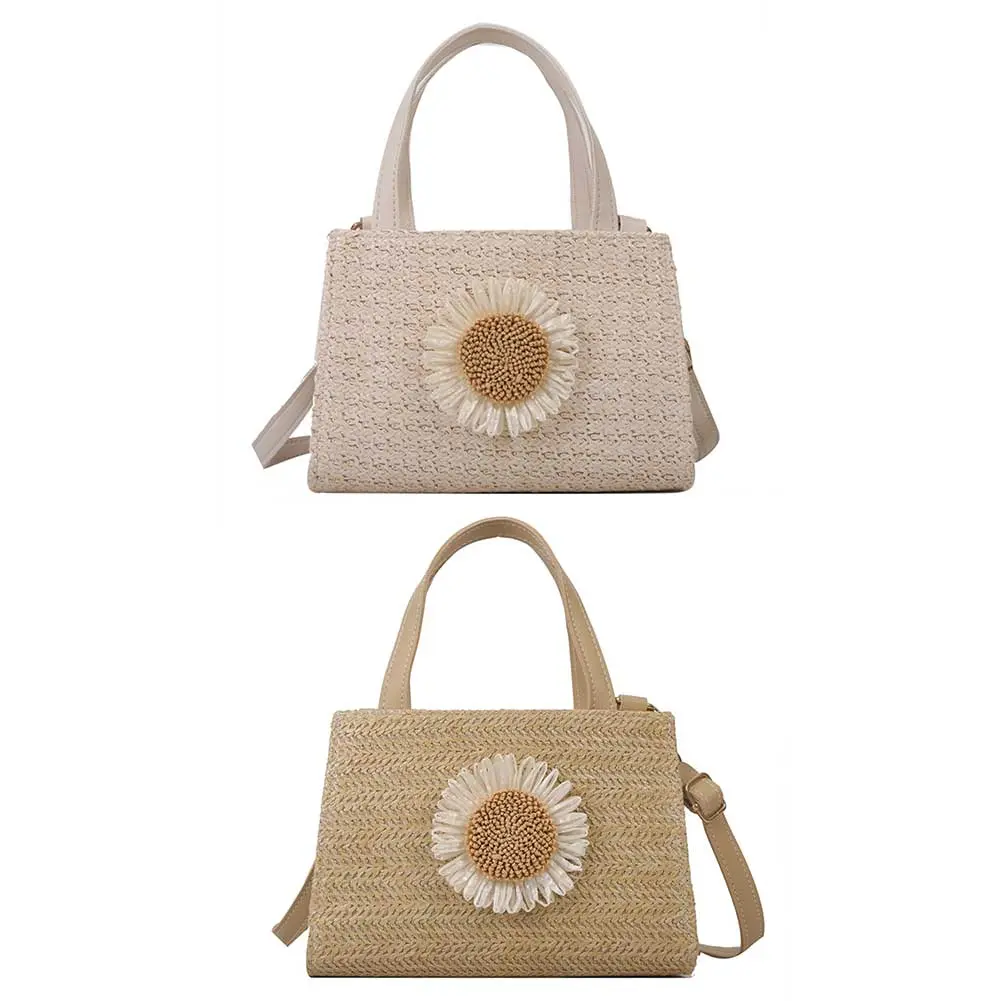 Sun Flower Straw Bag Handbag Adjustable Strap Summer Beach Bag for Daily Life Leisure