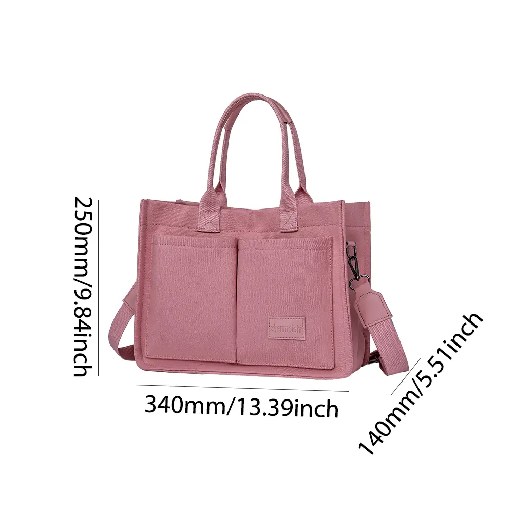 Women Fashion Shoulder Bag Large Capacity Canvas Simple Shopping Bag Adjustable Strap Multi Pockets Casual Satchel Bag