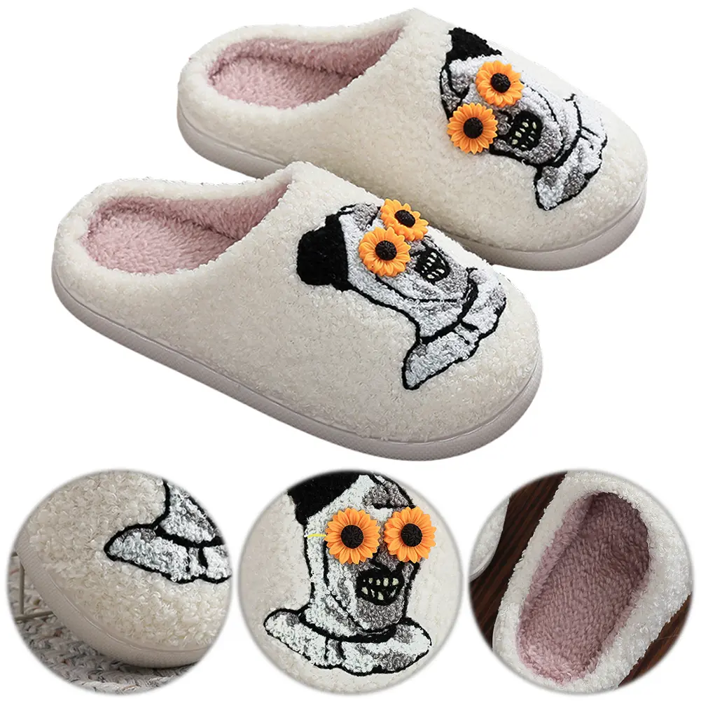 Halloween Plush Slippers Flat Thermal Slippers Anti Slip Furry Clown Slippers Sunflower Glass Clown Slides for Indoor Bedroom