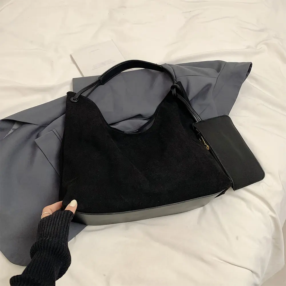 Women Faux Suede Shoulder Bag Designer Tote Handbag Large Capacity Chic Hobo Bag with Pouch Vintage Tote Bag Outdoor Travel Bag