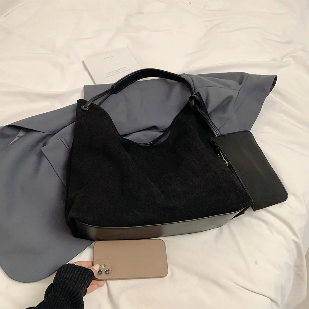 Women Faux Suede Shoulder Bag Designer Tote Handbag Large Capacity Chic Hobo Bag with Pouch Vintage Tote Bag Outdoor Travel Bag