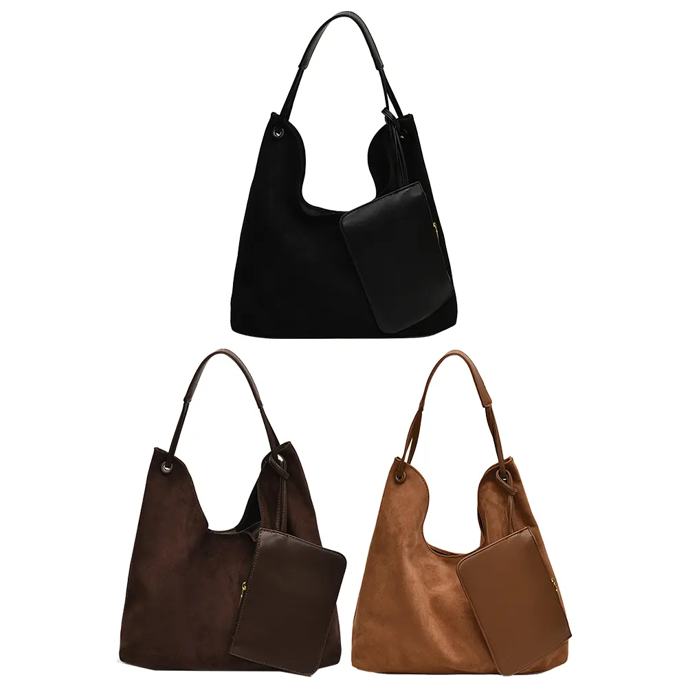 Women Faux Suede Shoulder Bag Designer Tote Handbag Large Capacity Chic Hobo Bag with Pouch Vintage Tote Bag Outdoor Travel Bag