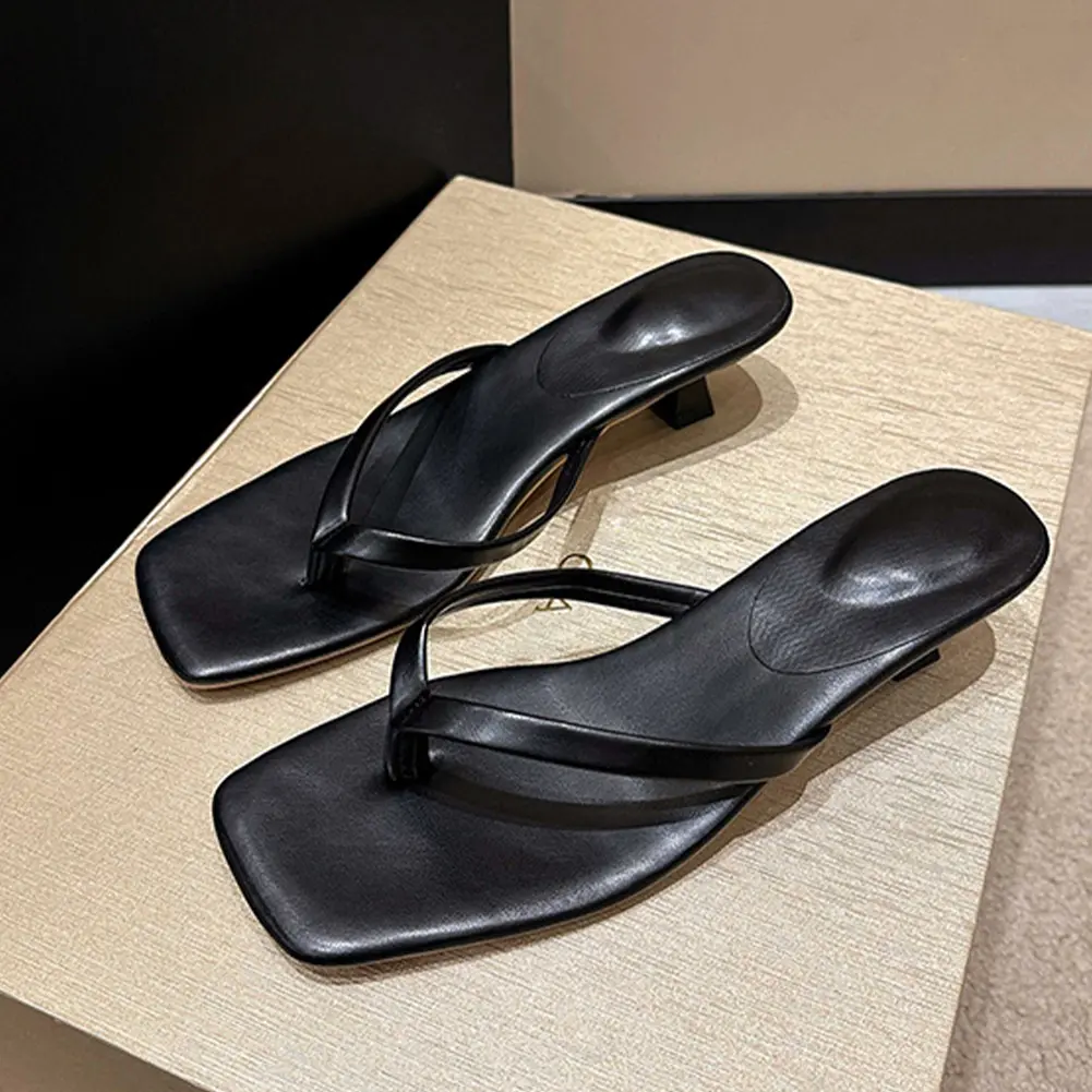 Women Stiletto Square Toe Sandals Solid Color Comfort Low Heel Slides Anti-Slip Thin Heel Flip Flops for Seaside Beach Travel