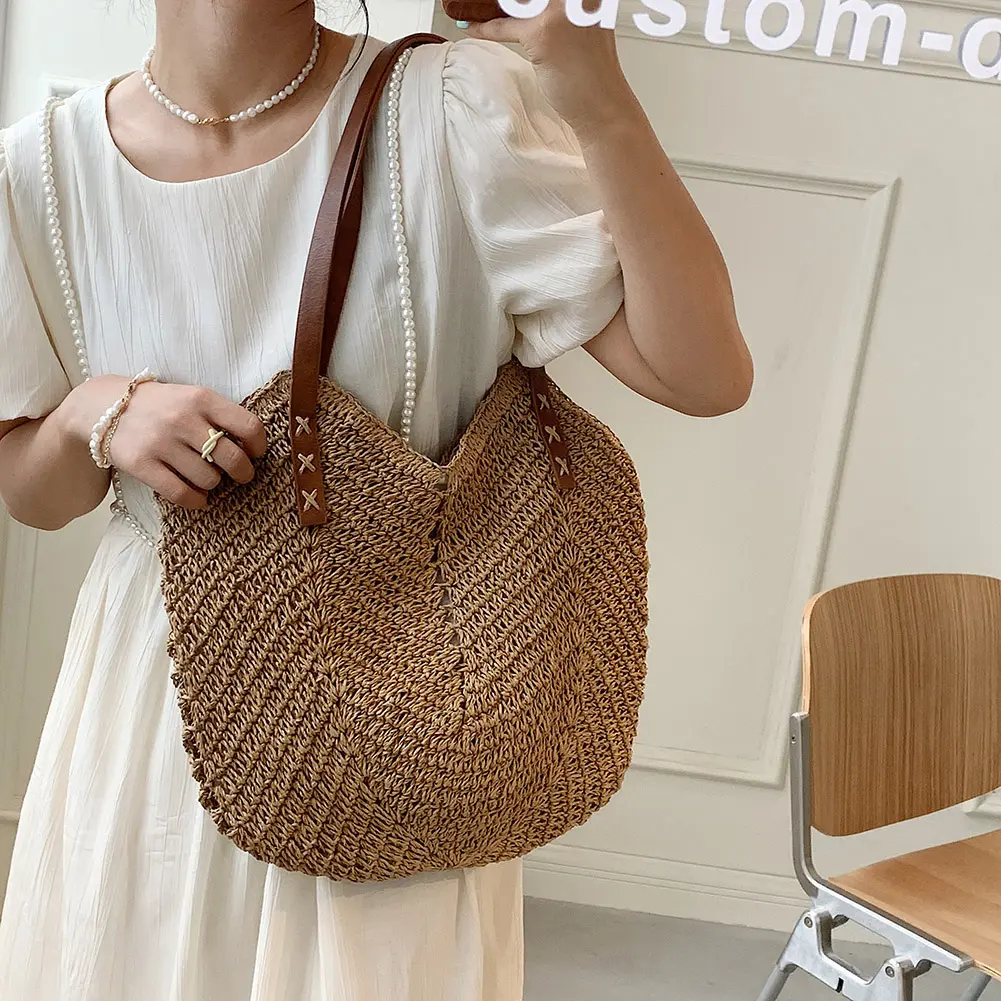 Summer Women Straw Handbags Hands Woven Shoulder Bag Female Vacation Tote Summer Woven Purse for Travel Shopping