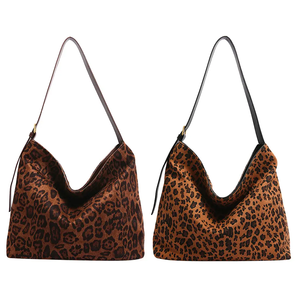 Women Retro Leopard Print Shoulder Bag Large Capacity Faux Suede Large Shoulder Bag Zipper Satchel Bag for Women Travel Shopping