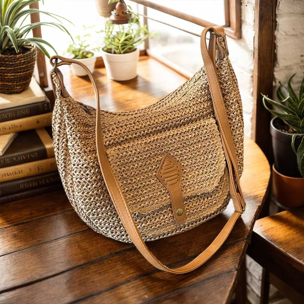 Straw Woven Shoulder Bag for Women Adjustable Shoulder Strap Handbag Zipper Trendy Clutch Purse for Vacation Travel Shopping