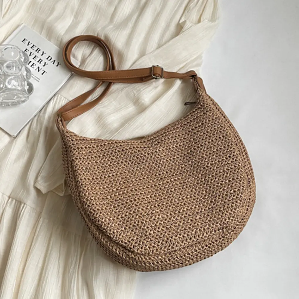 Straw Woven Shoulder Bag for Women Adjustable Shoulder Strap Handbag Zipper Trendy Clutch Purse for Vacation Travel Shopping
