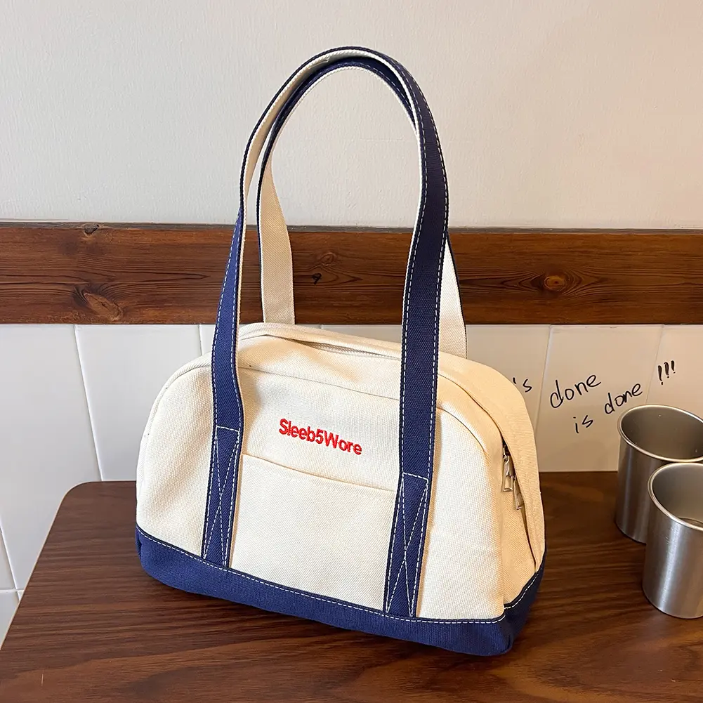 Women Tote Handbag Large Capacity Retro Handbag Canvas Vintage Armpit Bag Color Clash Simple Female Girls Handbag