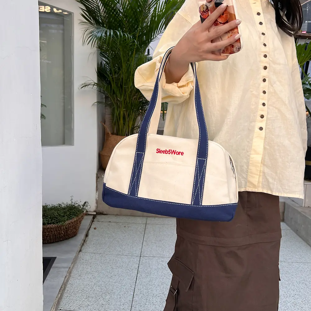 Women Tote Handbag Large Capacity Retro Handbag Canvas Vintage Armpit Bag Color Clash Simple Female Girls Handbag