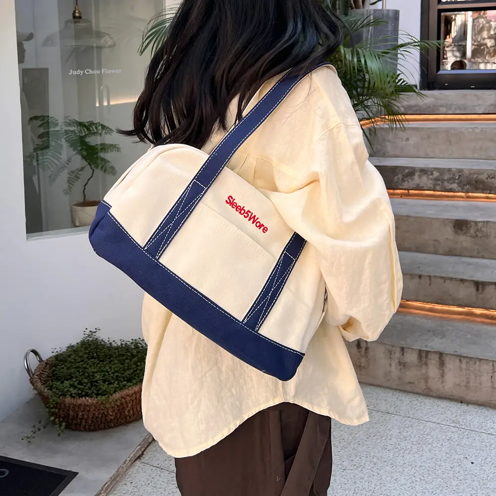 Women Tote Handbag Large Capacity Retro Handbag Canvas Vintage Armpit Bag Color Clash Simple Female Girls Handbag